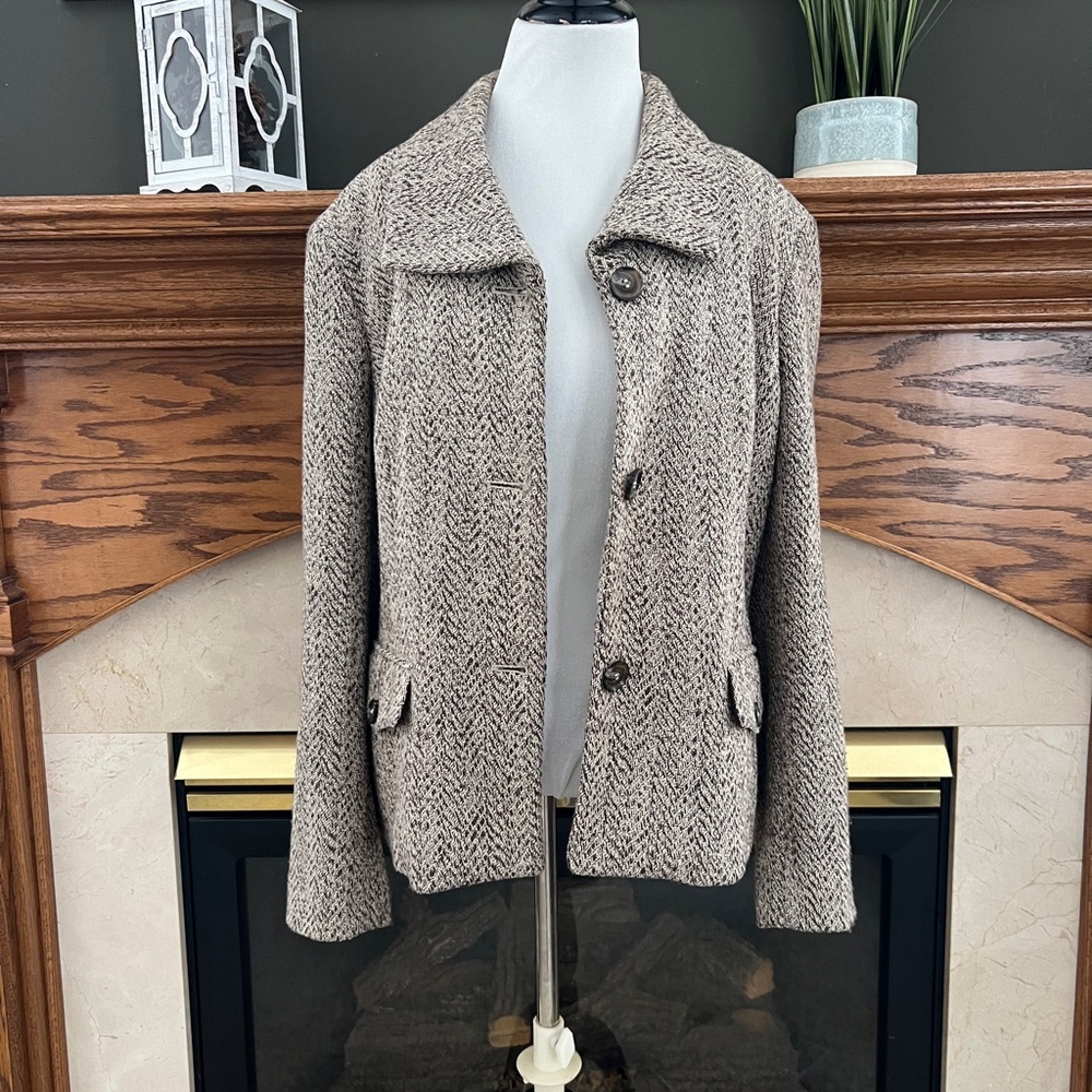 Evan Picone Brown Cream Tweed Blazer Jacket Size 16